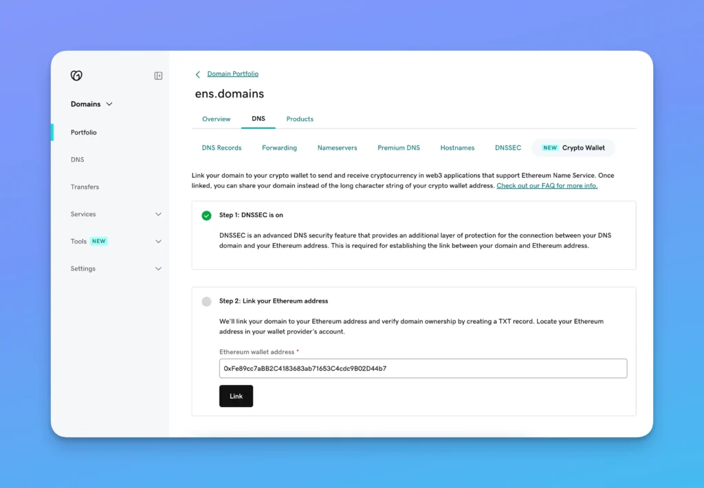 Domain configuration panel on GoDaddy to connect domain to crypto wallet.